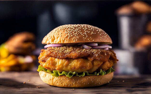 Foto un hamburger con un hamburger di pollo croccante su una superficie scura