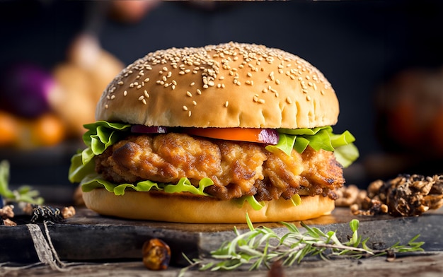 Foto un hamburger con un hamburger di pollo croccante su una superficie scura