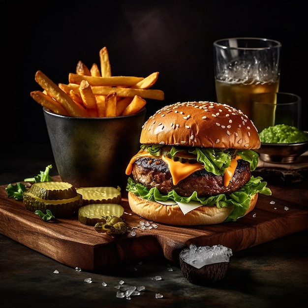 A burger with a cup of beer and a bowl of fries