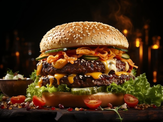 Burger with delicious ingredients and splash of sauce