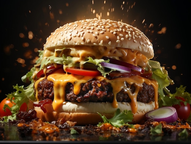 Burger with delicious ingredients and splash of sauce