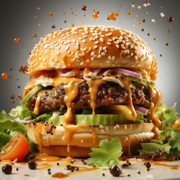 Burger with delicious ingredients and splash of sauce