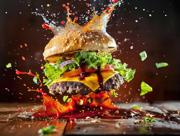 Burger with dynamic sauce splash and flying ingredients on dark background