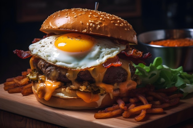 A burger with an egg on it and french fries on a wooden board