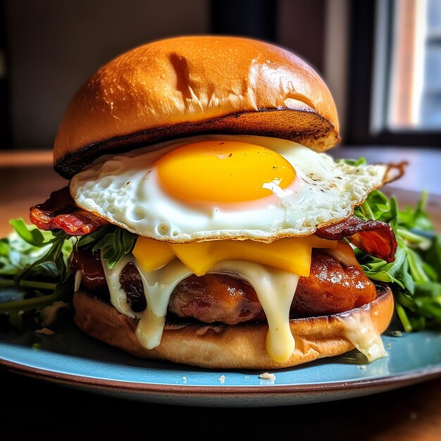 a burger with an egg on it and a fried egg on top of it.