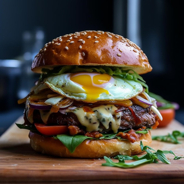 A burger with an egg on it sits on a cutting board.