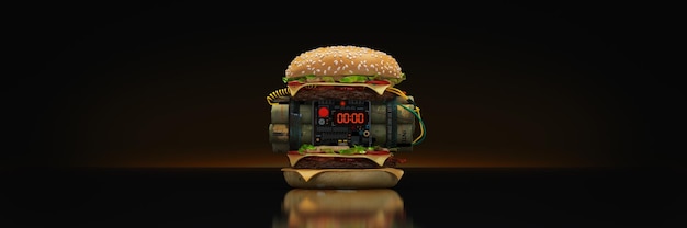 burger with explosive 3d rendering