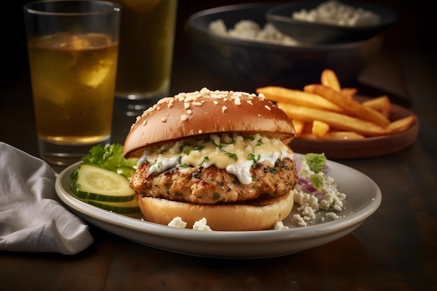 A burger with feta cheese and tomato on a plate