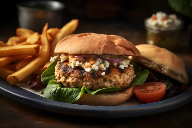 A burger with feta cheese and tomato on a plate