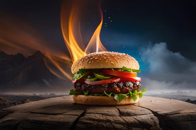 A burger with a fire in the background