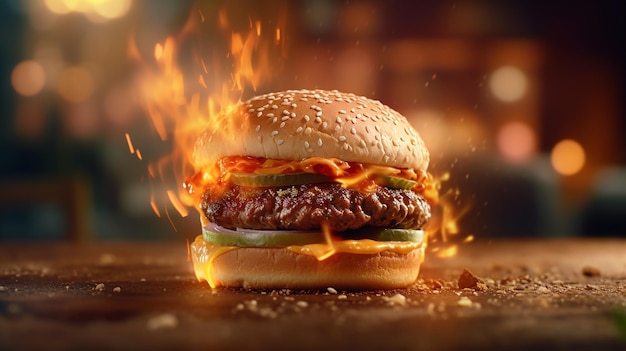 A burger with a flame on it and the words burger king on the side.