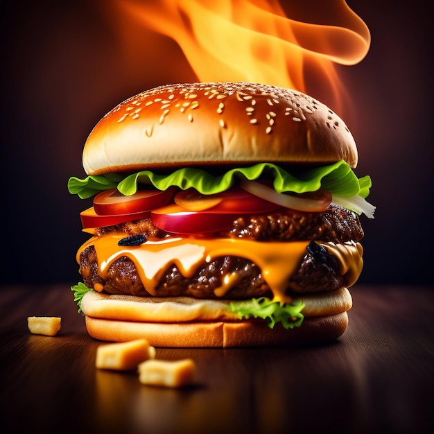 A burger with a flame on it and the words " burger " on the side.