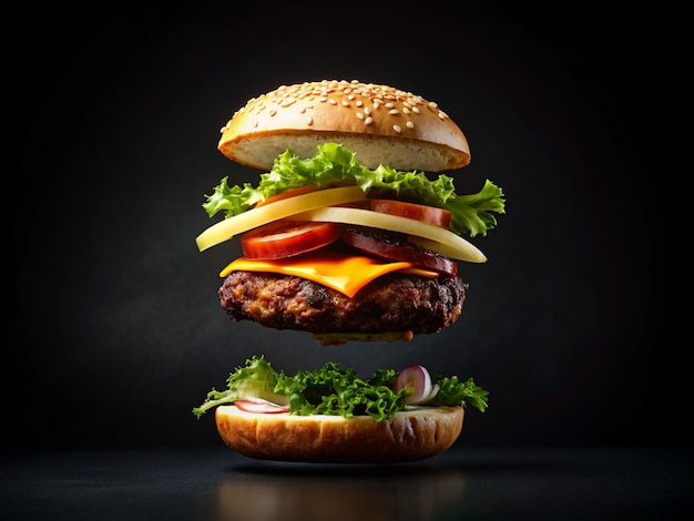 Burger with floating separated ingredients on black background