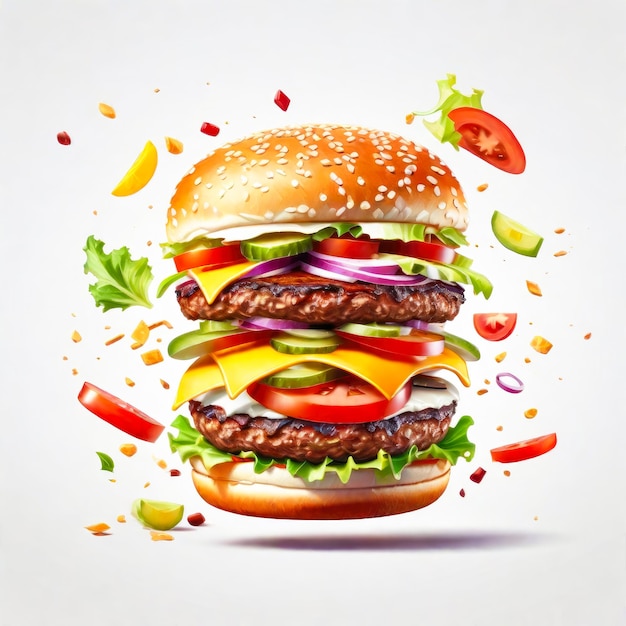 Burger with flying elements on light soft background