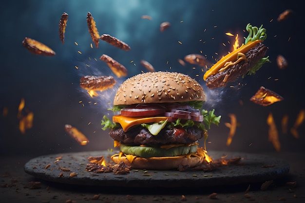 burger with flying elements