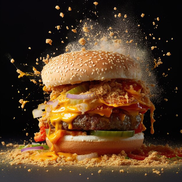 Burger with flying ingredients on a black background