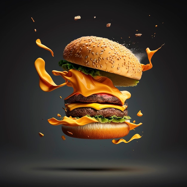 burger with flying ingredients, cheese, beef, lettuce, pickle, tomato, ketchup, ketchup. product illustration created with Generative AI technology