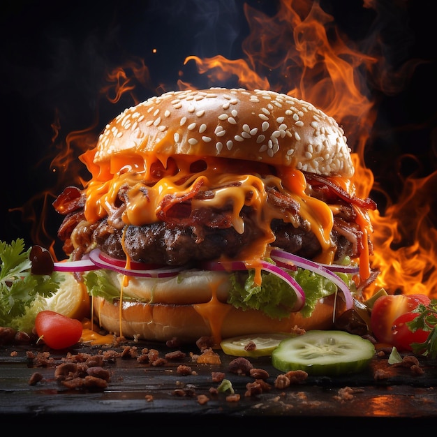Burger with flying ingredients and fire on a dark background generative ai