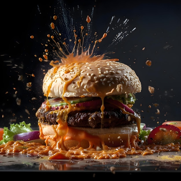 Burger with flying ingredients and splashes on a black background