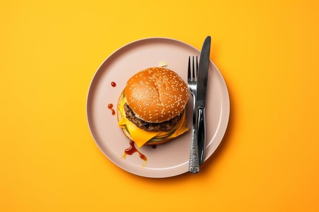 A burger with a fork and knife on a yellow background