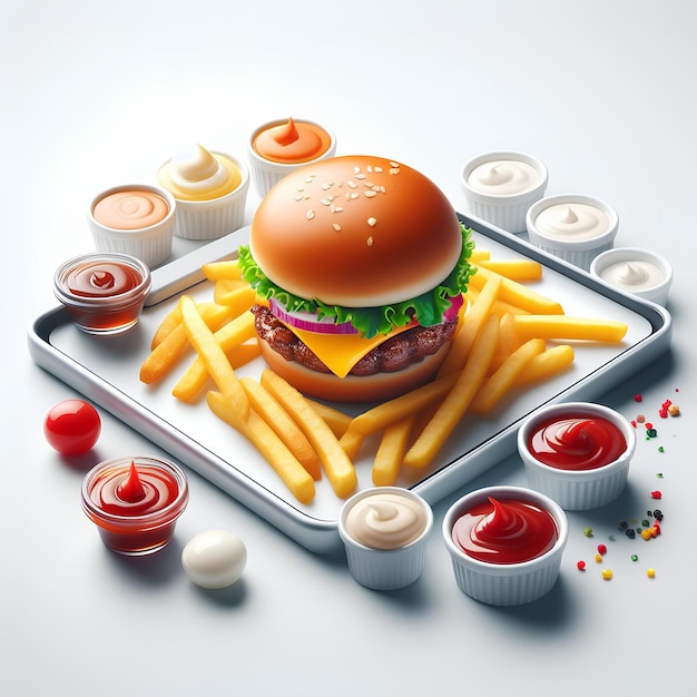 Burger with French fries 3d illustration