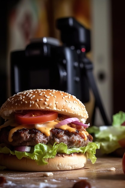 Burger with french fries on a dark background