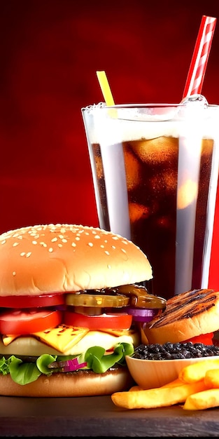 Photo burger with french fries some vegetables black and colorful background