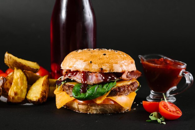 A burger with french fries, tomatoe sauce and glass of juice on the black background