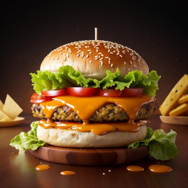 Burger with Fresh Ingredients on a Dark Background