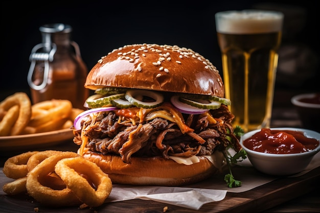 A burger with fries and fries on a table