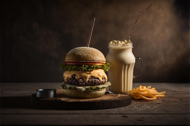 Burger with Fries and Milkshake