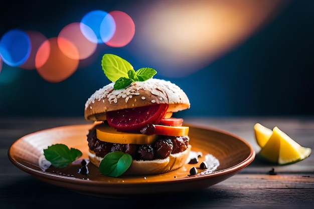 Foto un hamburger con frutta sul lato e una banana sul lato