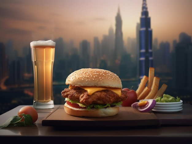 A burger with a glass of beer and a glass of beer on the table