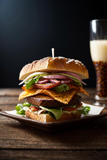 A burger with a glass of beer next to it