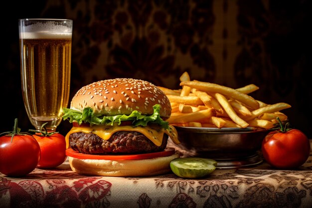 A burger with a glass of beer next to it