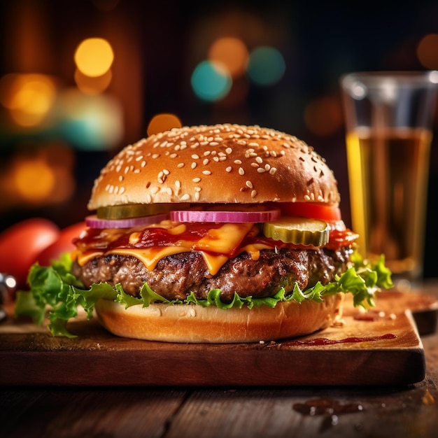 A burger with a glass of beer on the side