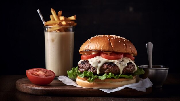 A burger with a glass of drink next to it