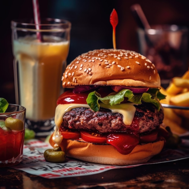 A burger with a glass of juice and a drink