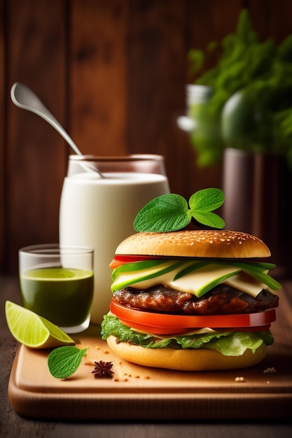 A burger with a glass of milk and a spoon on a wooden board.