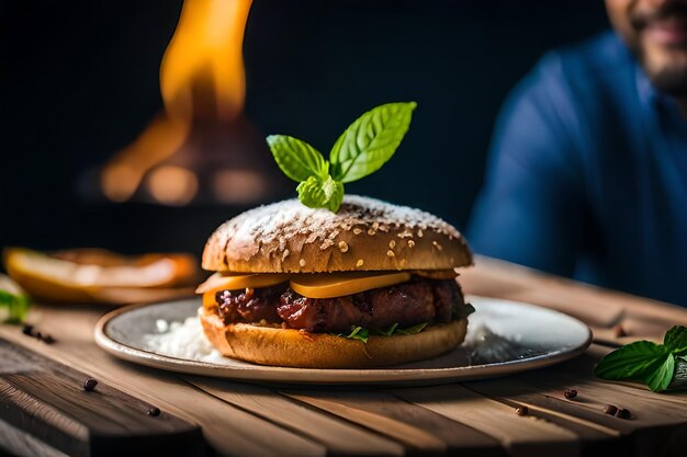 Foto un hamburger con sopra una foglia verde