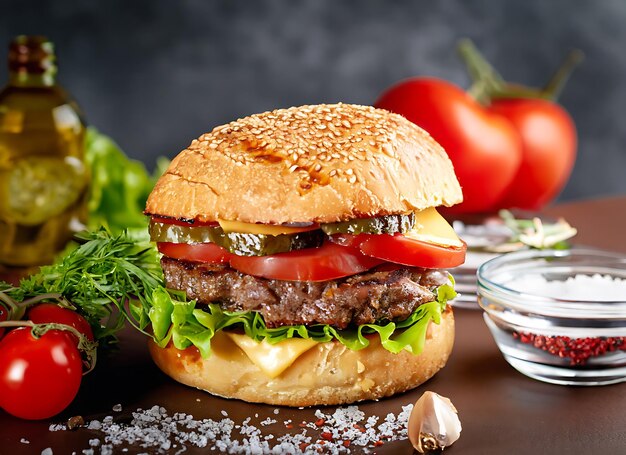 Burger with juicy beef cutlet cheese tomatoes salt spices and herbs