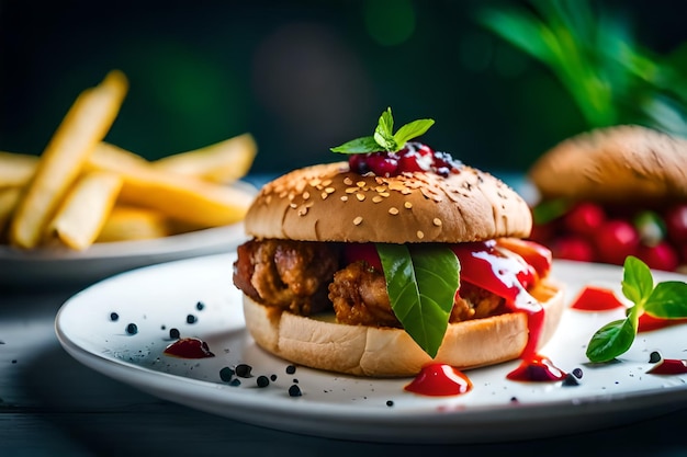 a burger with ketchup and a side of fries