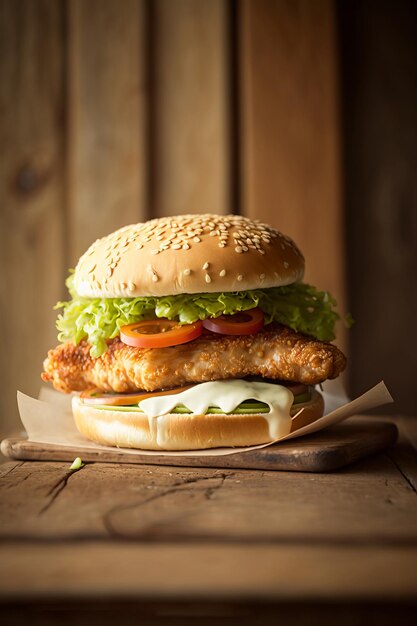 Photo a burger with lettuce, tomato, and cheese on it