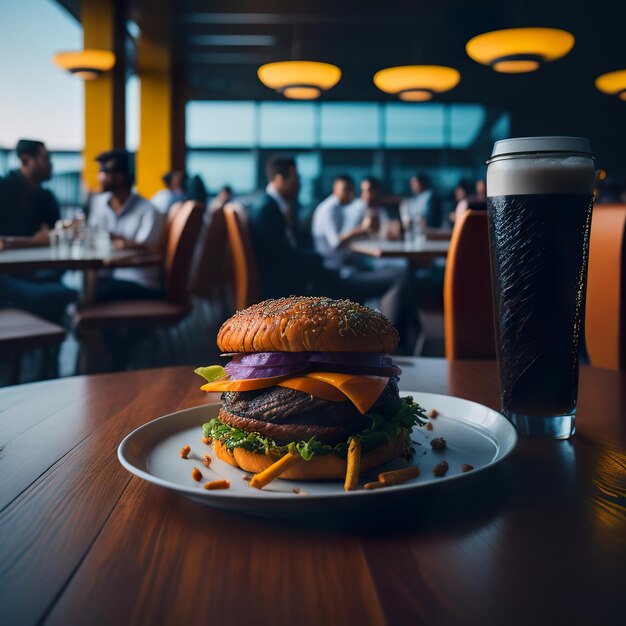 A burger with lettuce tomato cheese and onion on a table with a glass of beer