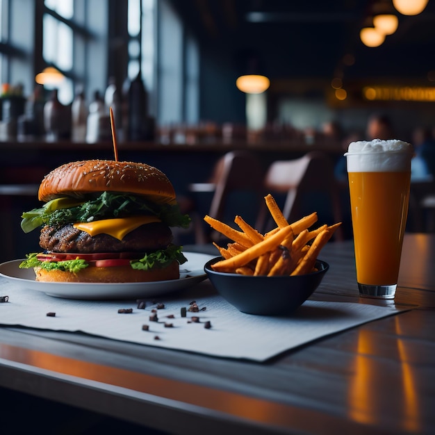 A burger with lettuce tomato cheese and onion on a table with a glass of beer