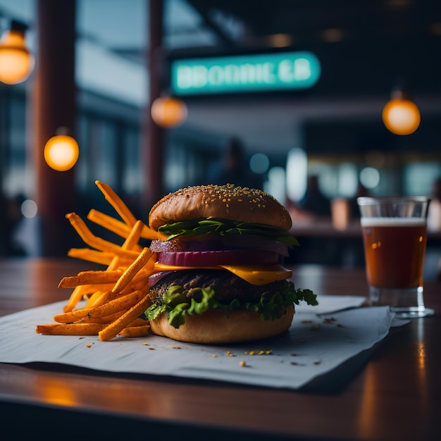 Photo a burger with lettuce tomato cheese and onion on a table with a glass of beer