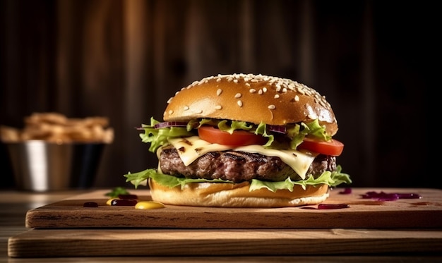 A burger with lettuce tomato and cheese on a wooden board