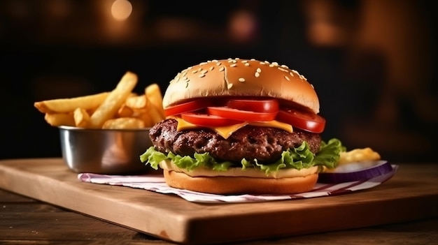 A burger with lettuce, tomato, and cheese on a wooden table.