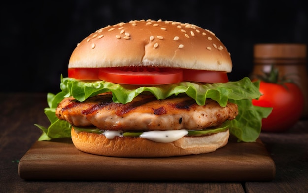 A burger with lettuce, tomato, and mayonnaise on it.