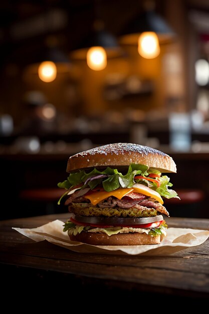 A burger with a lot of lettuce on it